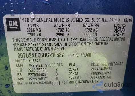 2017 GMC Sierra 1500 Slt from USA, damaged, VIN 3GTU2NEC6HG210587